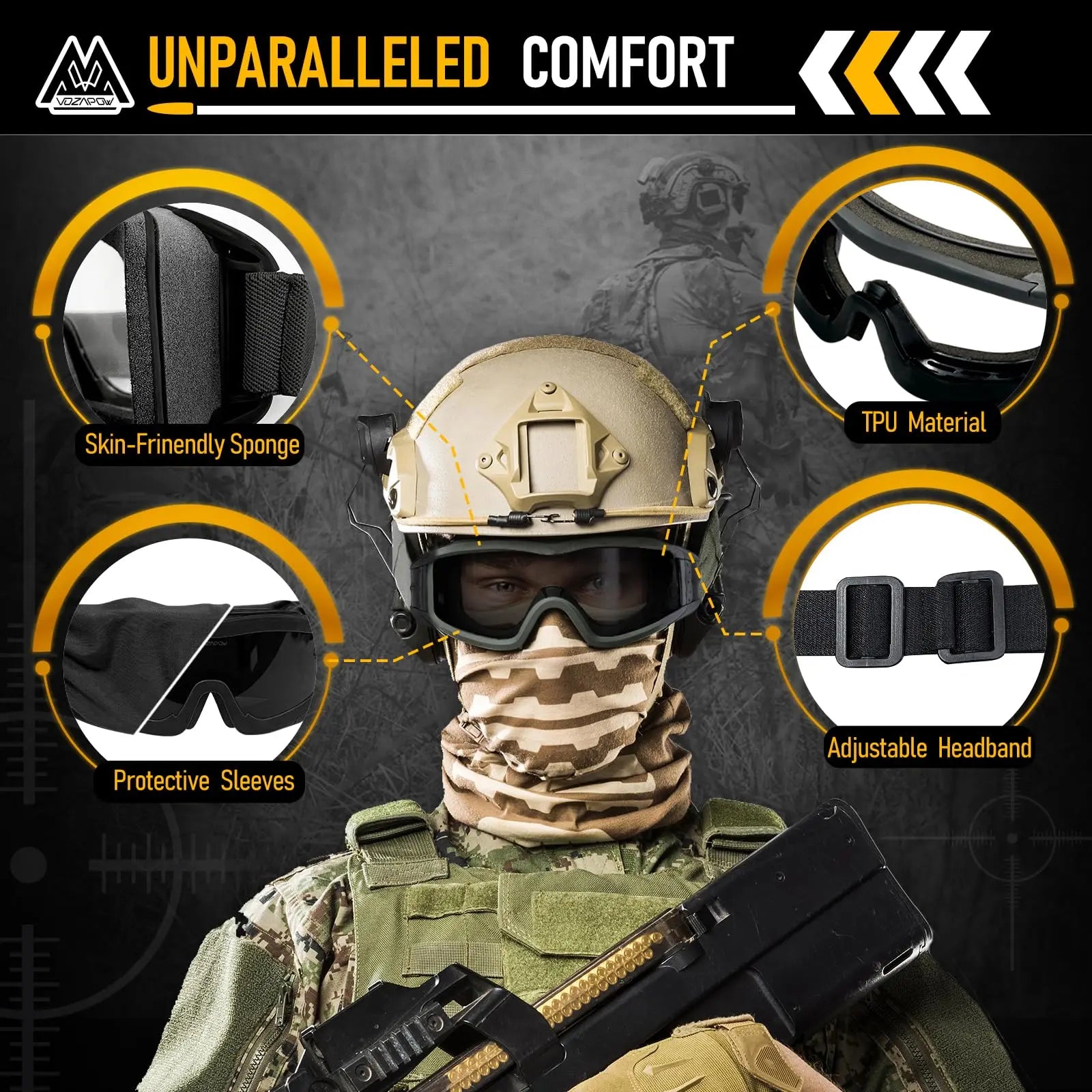 Vozapow Professional Shooting Glasses Anti Fog Impact Resistant Safety Sunglasses UV400 Mountaineering Airsoft Tactical Goggles
