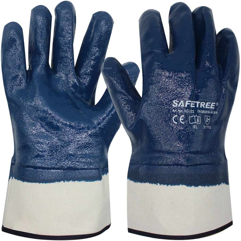 SAFETREE Heavy Duty Industrial Blue Nitrile Dipped Work Gloves Oil Resistant Gloves
