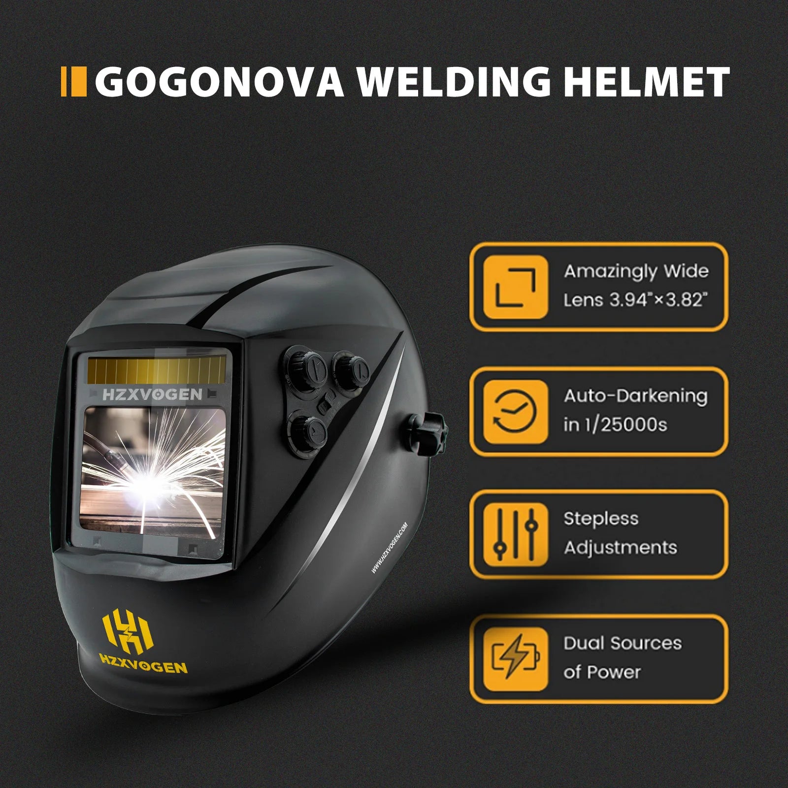 HZXVOGEN Auto Darkening Welding Helmet Large Viewing Welding Hood True Color Solar Battery Powered Welder Mask HV008