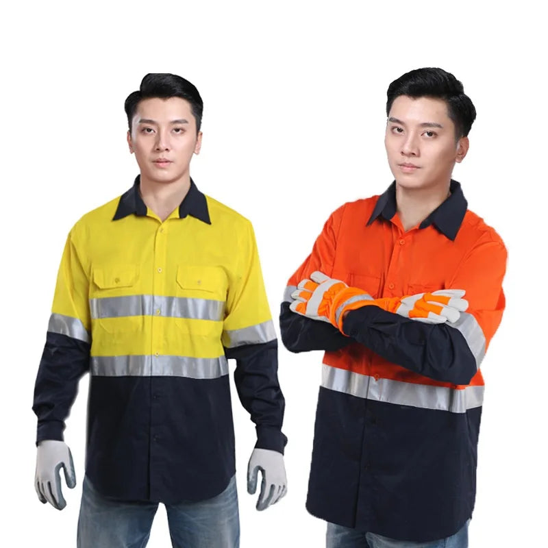 100% Cotton Reflective Safety Work Suit Hi Vis Work Coverall Traffic Road Clothing Construction Engineer Protective Work Uniform