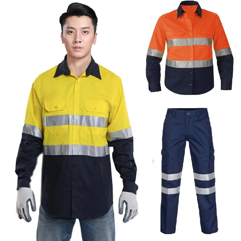 100% Cotton Reflective Safety Work Suit Hi Vis Work Coverall Traffic Road Clothing Construction Engineer Protective Work Uniform