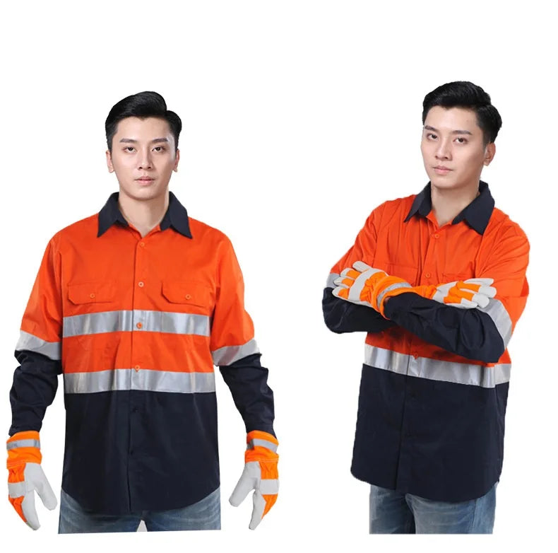 100% Cotton Reflective Safety Work Suit Hi Vis Work Coverall Traffic Road Clothing Construction Engineer Protective Work Uniform
