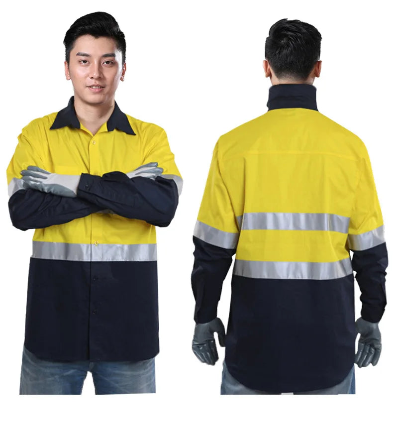 100% Cotton Reflective Safety Work Suit Hi Vis Work Coverall Traffic Road Clothing Construction Engineer Protective Work Uniform