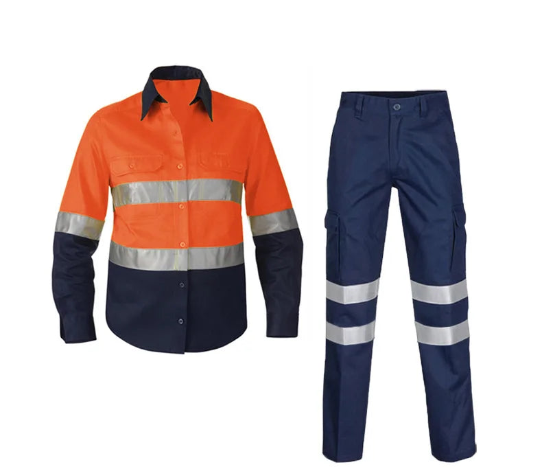 100% Cotton Reflective Safety Work Suit Hi Vis Work Coverall Traffic Road Clothing Construction Engineer Protective Work Uniform