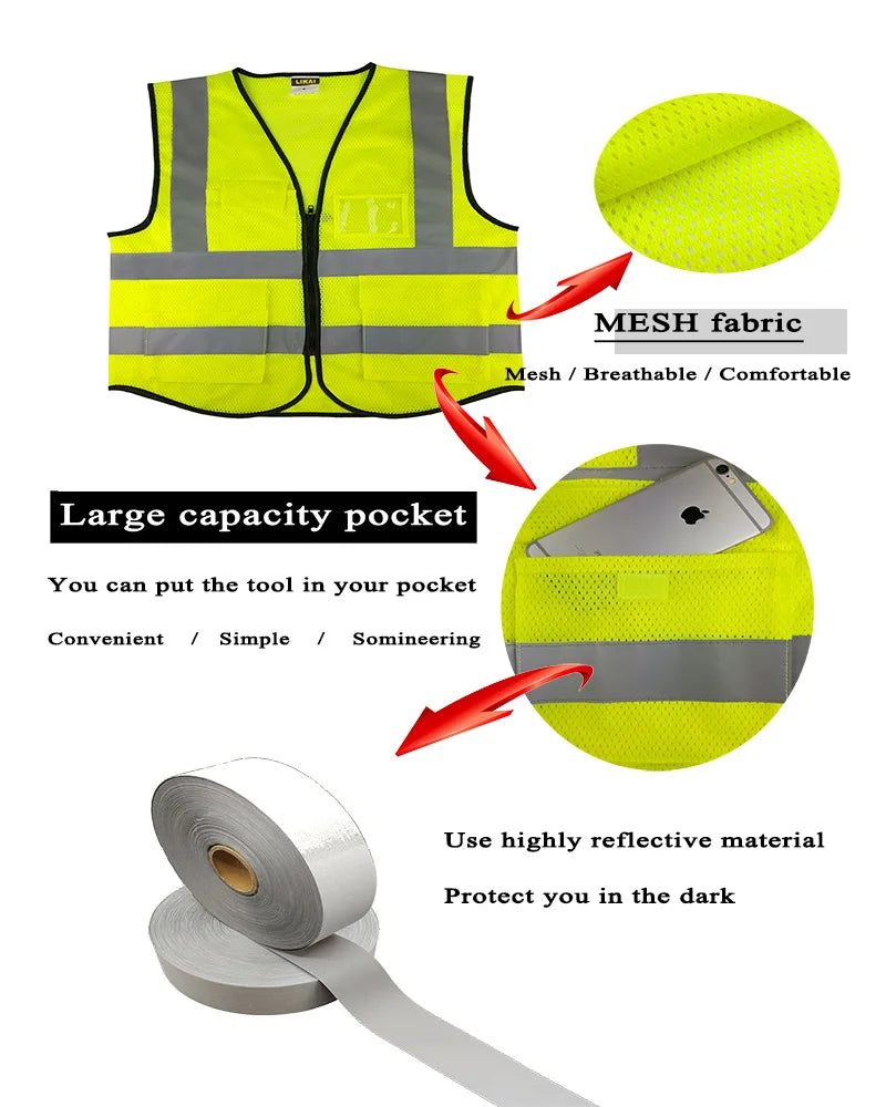 Riding Safety Jacket Working Waistcoat Mesh Reflective Vest  Multi-pocket BreathablClothing Construction Vest Sanitation workers