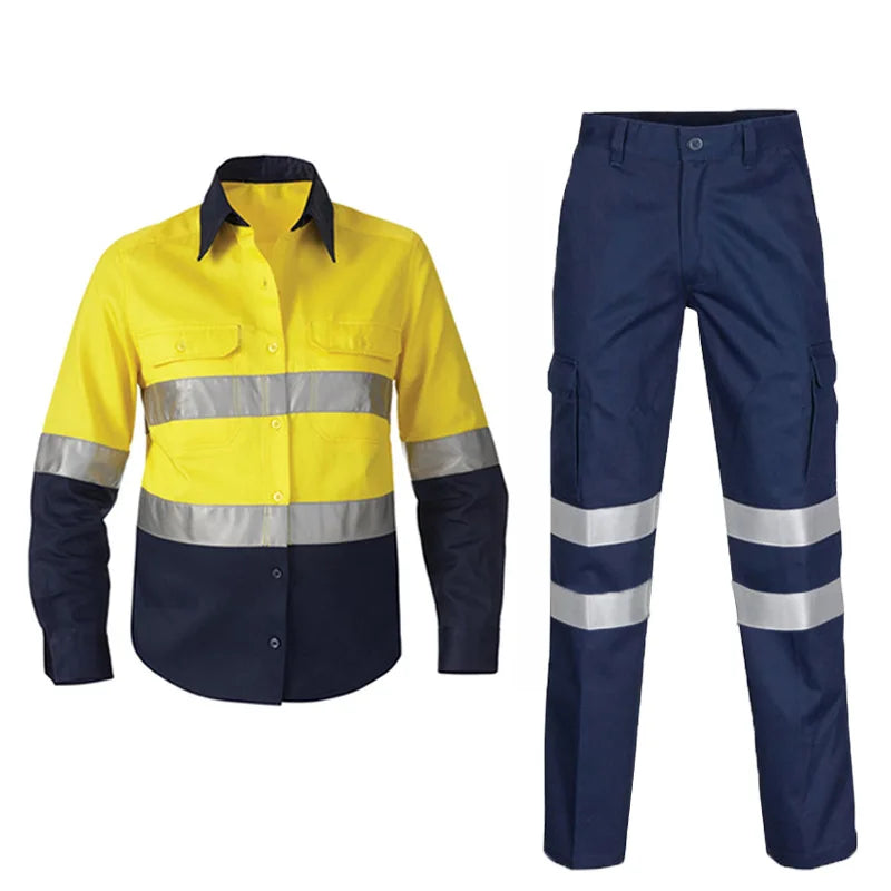 100% Cotton Reflective Safety Work Suit Hi Vis Work Coverall Traffic Road Clothing Construction Engineer Protective Work Uniform