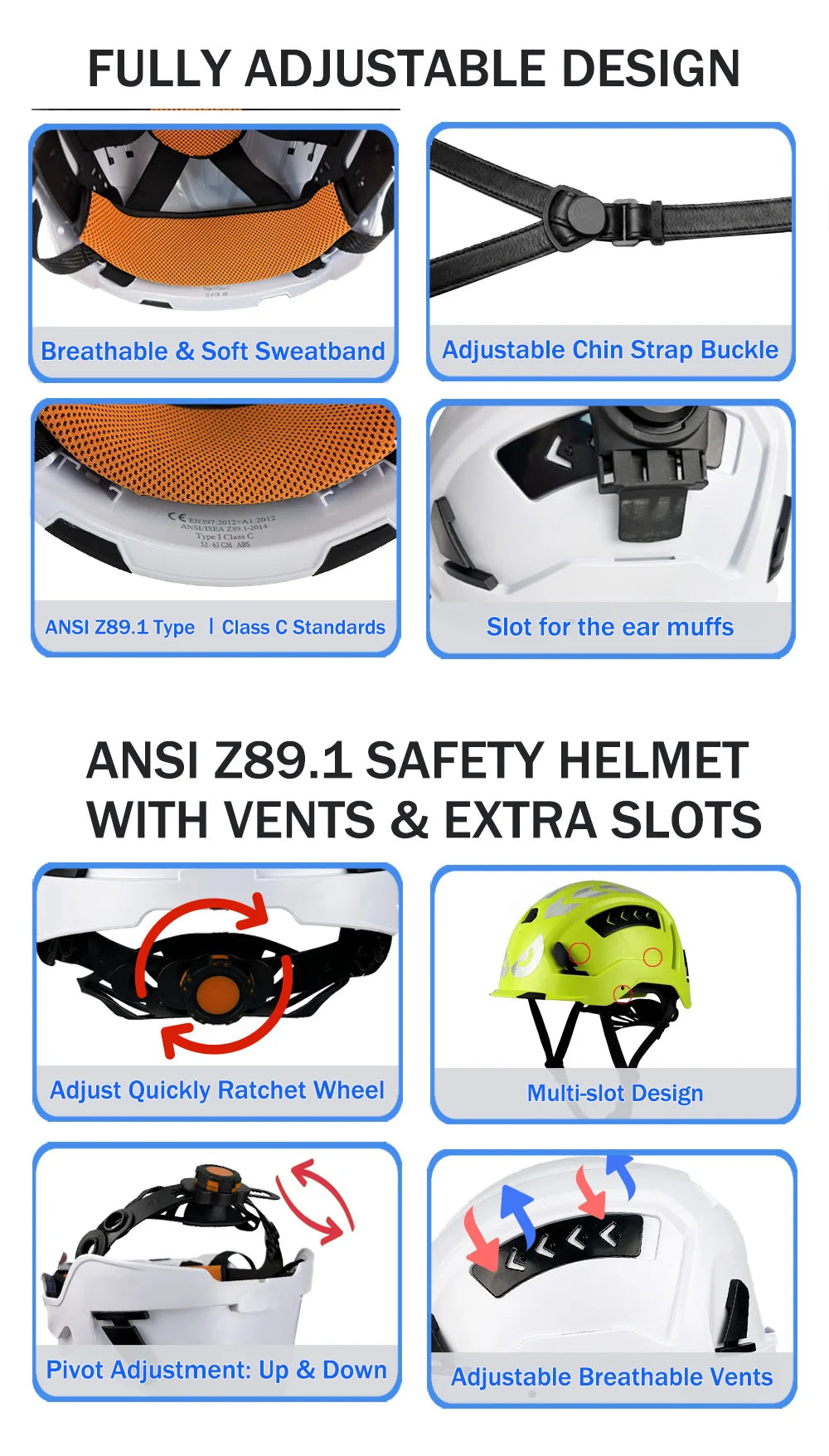 CE Construction Safety Helmet Reflective Stickers Breathable ABS Hard Hat for Engineer Industrial Work Cap Protective Guard ANSI