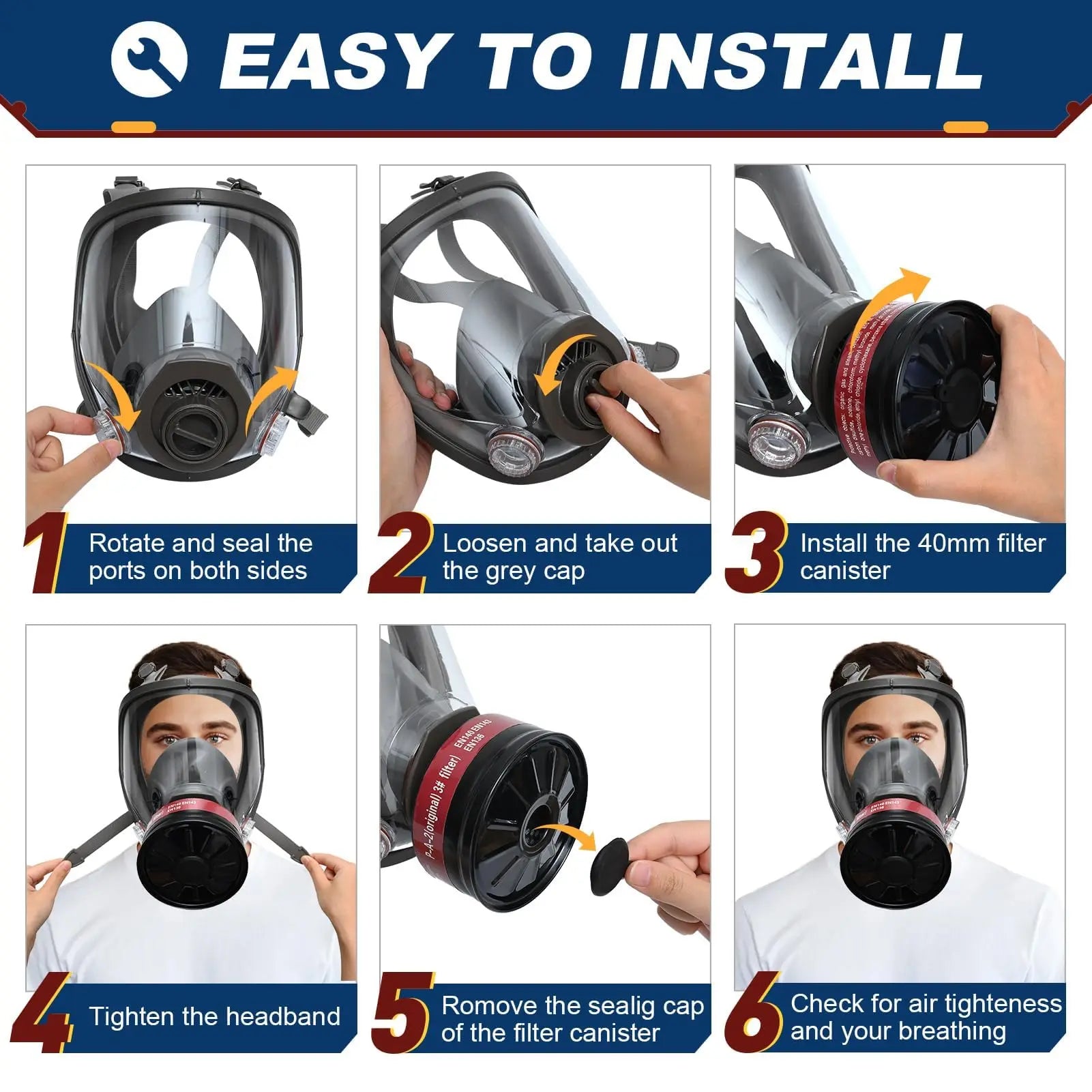 2IN1 Full Face Gas Mask Survival Chemical Respirator with 40mm Filter Activated Carbon Full Face Masks for Safety Protection