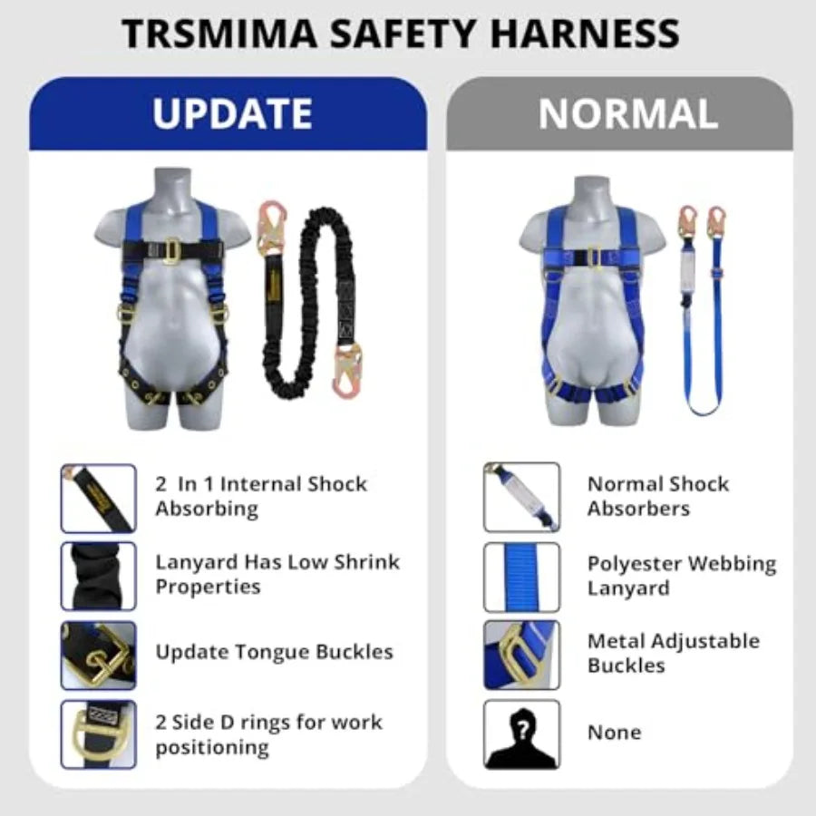 Safety Harness Fall Protection - Men Construction Full Body Harness Kit for Work with Shock Absorbing Lanyard Tongue Buckle ANS