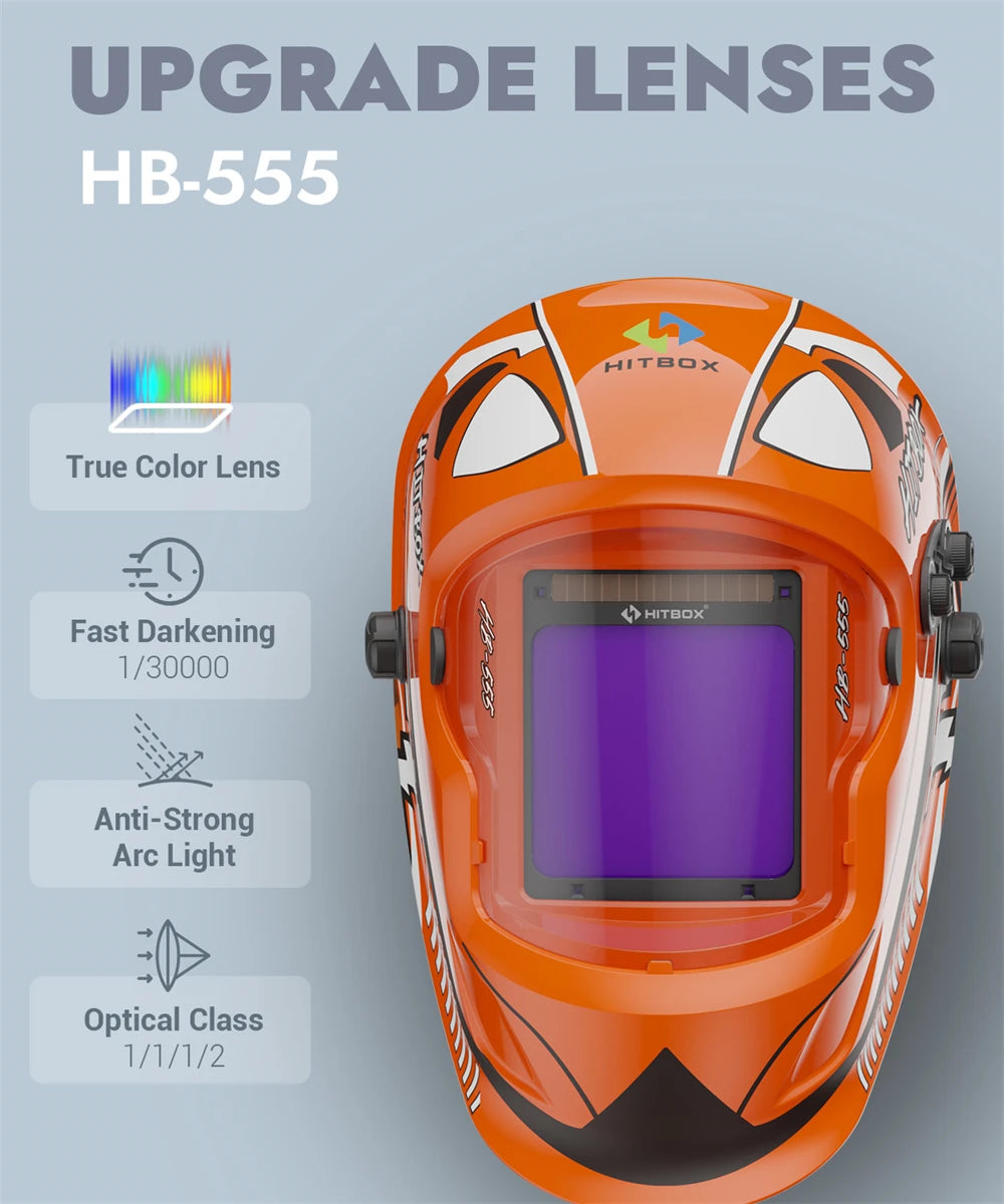 HITBOX HB555 Welding Helmet Auto Darkening 3.9x3.1 inch Large Viewing Welding Hood True Color Solar Battery Powered Welder Mask