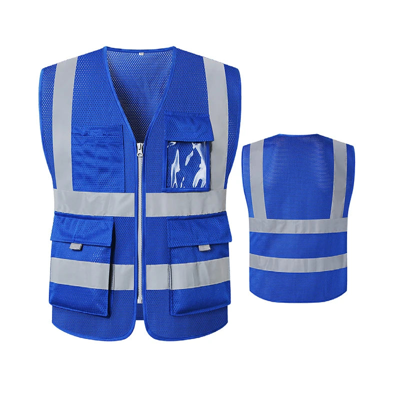 Blue Mesh Safety Vest With Pockets Breathable Summer Workwear Waistcoat for Contruction High Visibility Reflective Jacket