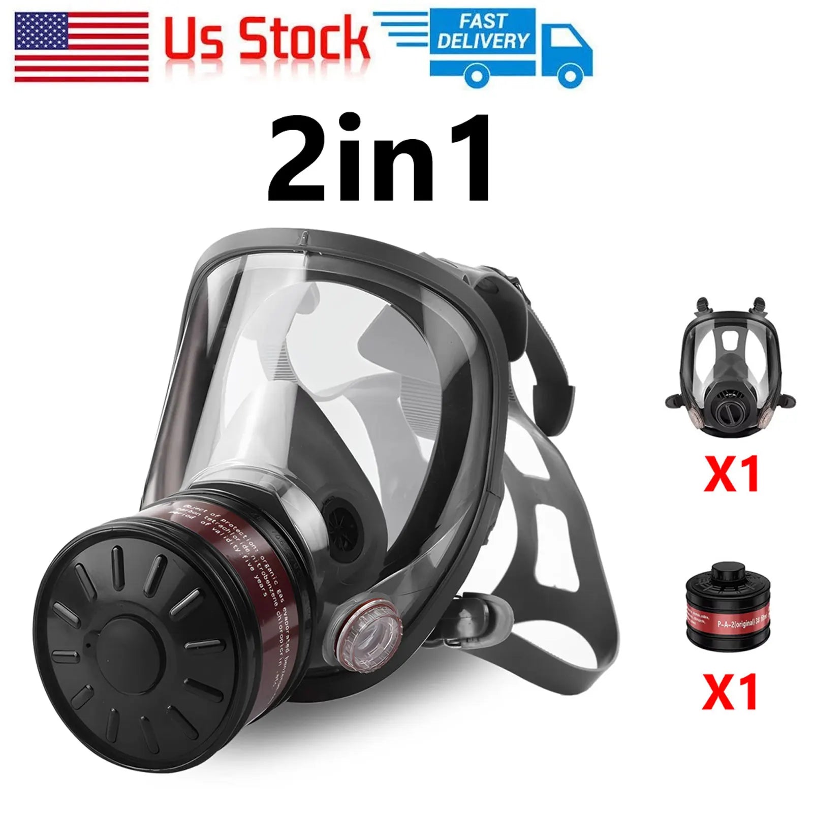 2IN1 Full Face Gas Mask Survival Chemical Respirator with 40mm Filter Activated Carbon Full Face Masks for Safety Protection