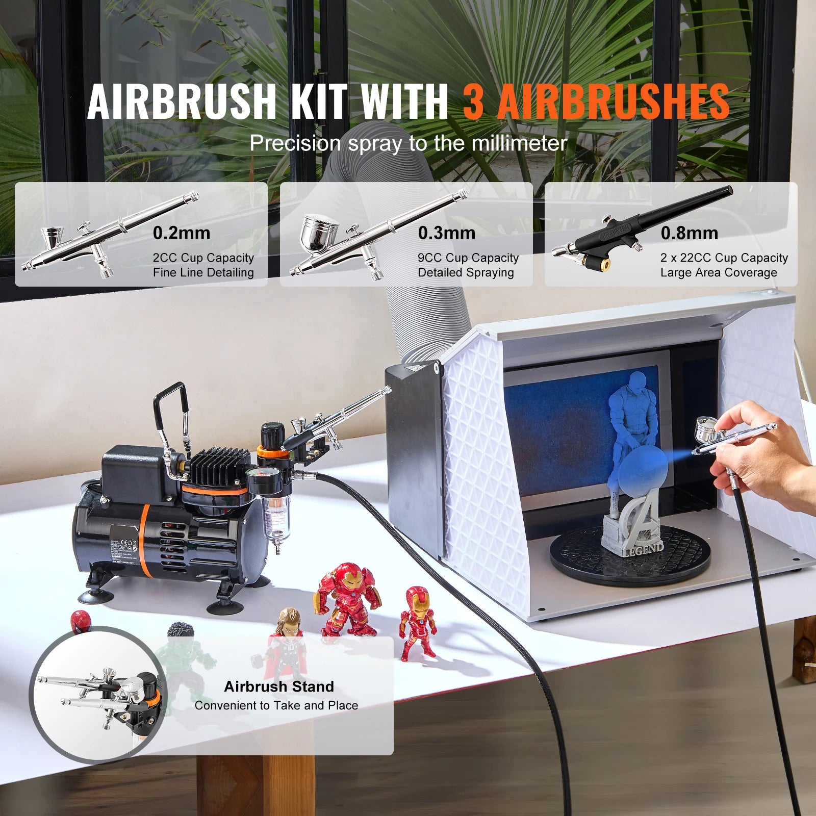 SucceBuy Airbrush Kit, Dual Fan Air Compressor Professional Airbrushing System Kit Airbrushes Mixing Wheel Cleaning Brush Set