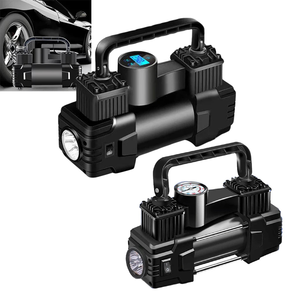 12V 150PSI Mini Air Compressor Dual Cylinder Auto Inflatable Pump with LED Light Heavy Duty Deluxe Portable Metal Air Compressor
