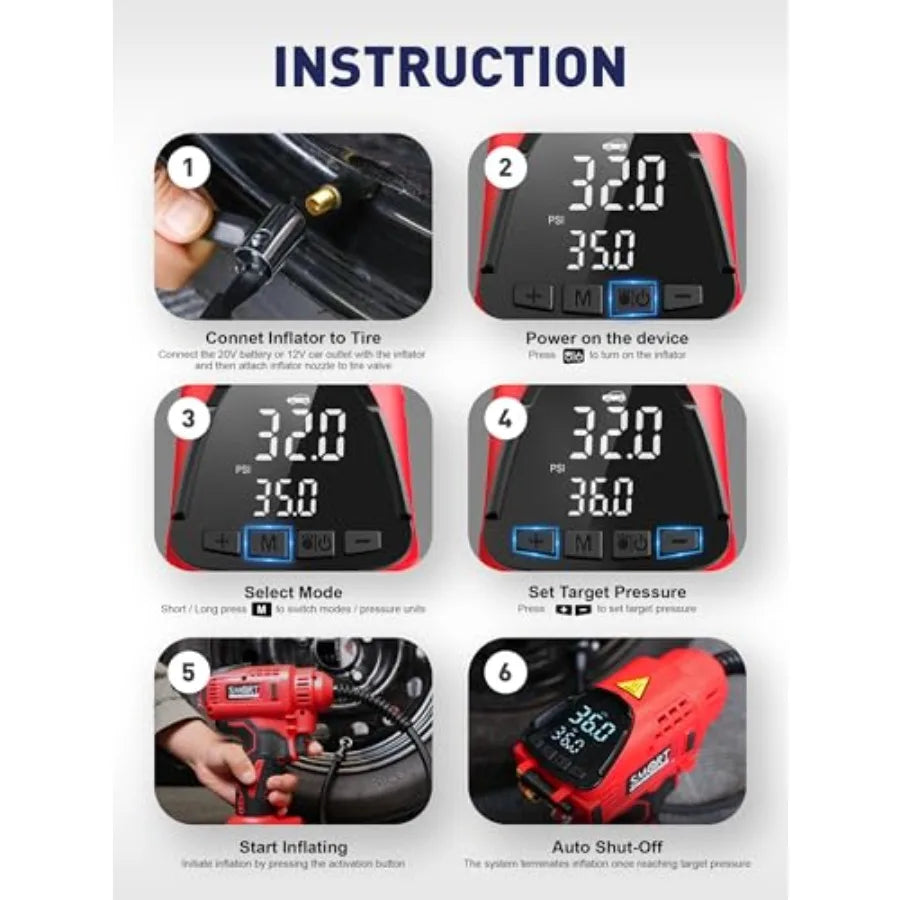 - Car Tire Inflator Portable Air Compressor 20V/12V Dual-Power Cordless Air Pump with 150 PSI Max Pressure and Smart Auto-Stop