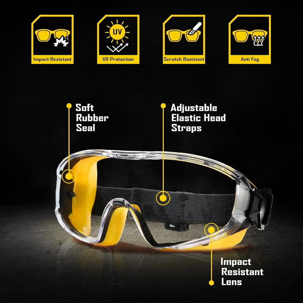 Safety Goggles Over Glasses, Anti-Fog Clear Lens, ANSI Z87.1 Impact & UV Protection, Adjustable Headband