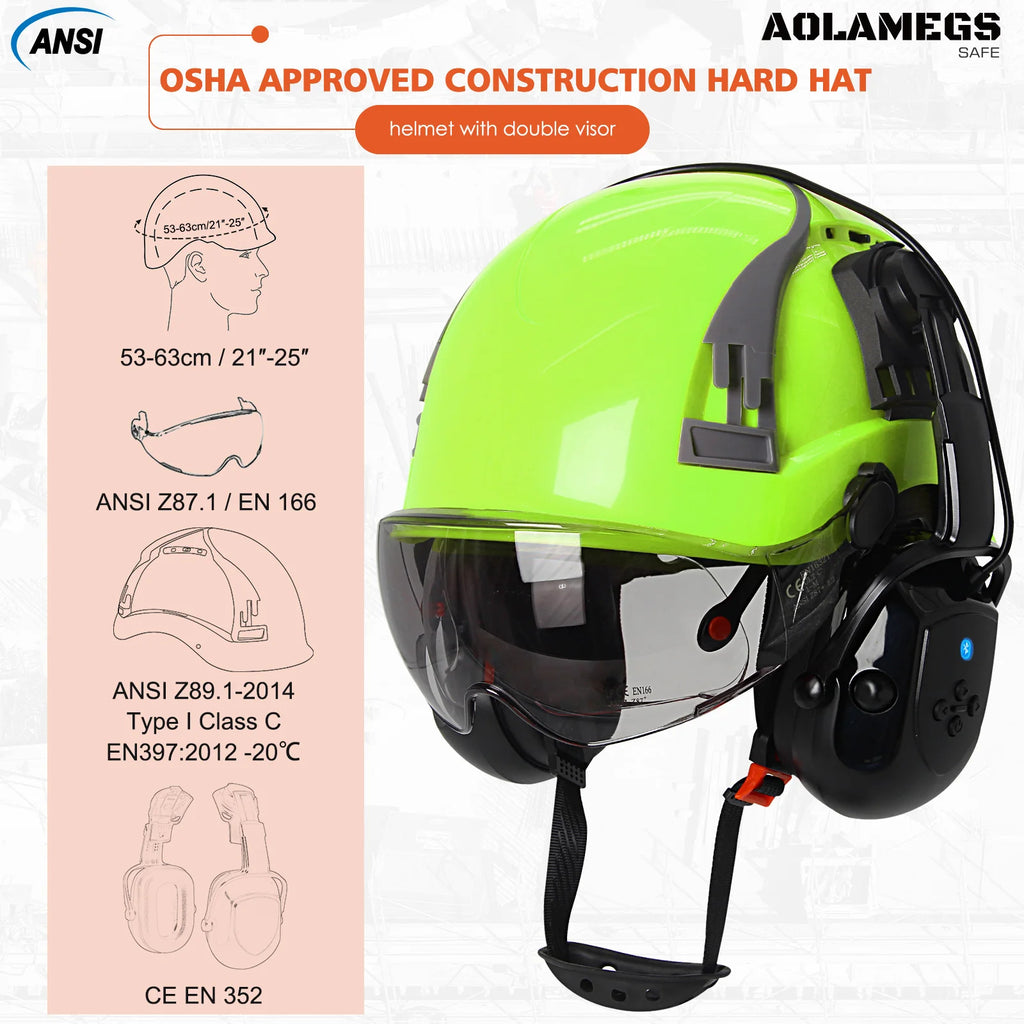 CE Safety Helmets W/ Built-in Goggles Visor Bluetooth Earmuffs ABS ANSI Engineer Industrial Hard Hat W/ Adjustable Vent Slots