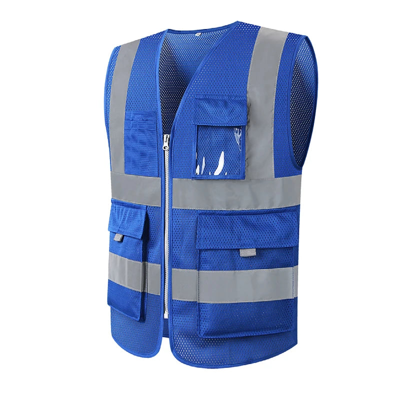 Blue Mesh Safety Vest With Pockets Breathable Summer Workwear Waistcoat for Contruction High Visibility Reflective Jacket