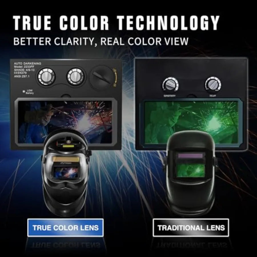 Auto Darkening Welding Helmet with Light Solar Powe True Color Welding Hood 2 Arc Sensor Wide Shade 9-13 Welding Mask with Extr