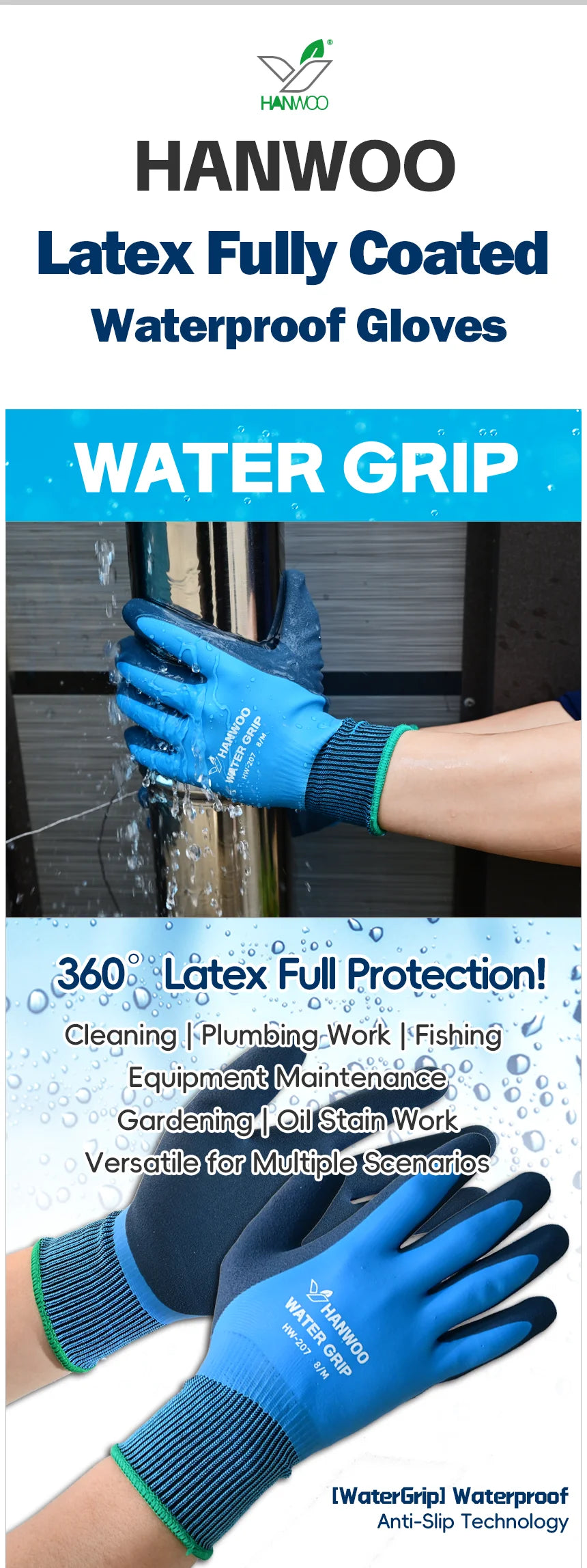 HANWOO Waterproof Safety Work Gloves, Full Latex Coating, Non-Slip and Wear-Resistant, Gardening、Fishing、Outdoor, 2 Pairs