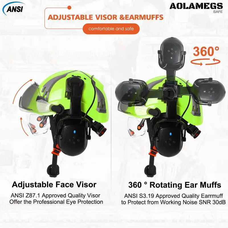 CE Safety Helmets W/ Built-in Goggles Visor Bluetooth Earmuffs ABS ANSI Engineer Industrial Hard Hat W/ Adjustable Vent Slots