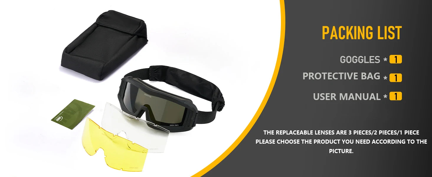 Vozapow Professional Shooting Goggles ANSI Z87.1 Safety Anti Fog Airsoft Tactical Glasses Motorcycle Mountaineering Sunglasses