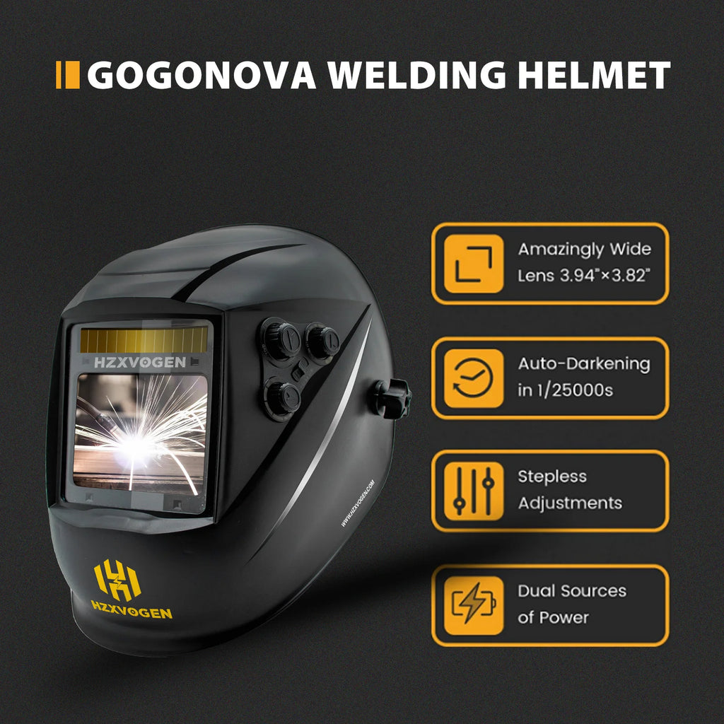 HZXVOGEN Auto Darkening Welding Helmet Large Viewing Welding Hood True Color Solar Battery Powered Welder Mask HV008