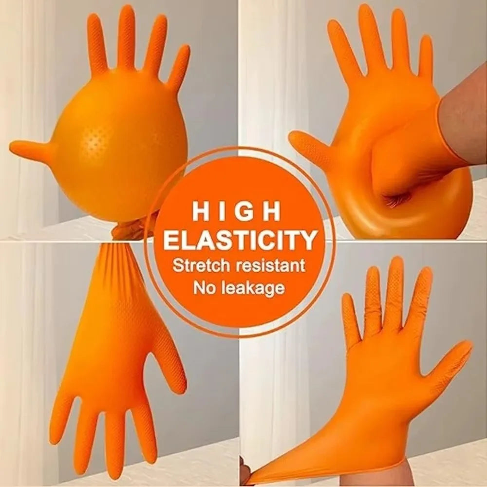 10pcs Heavy Duty Nitrile Gloves Orange Black with Diamond Textured Safety Gloves Waterproof Wear-Resistant Disposable Gloves