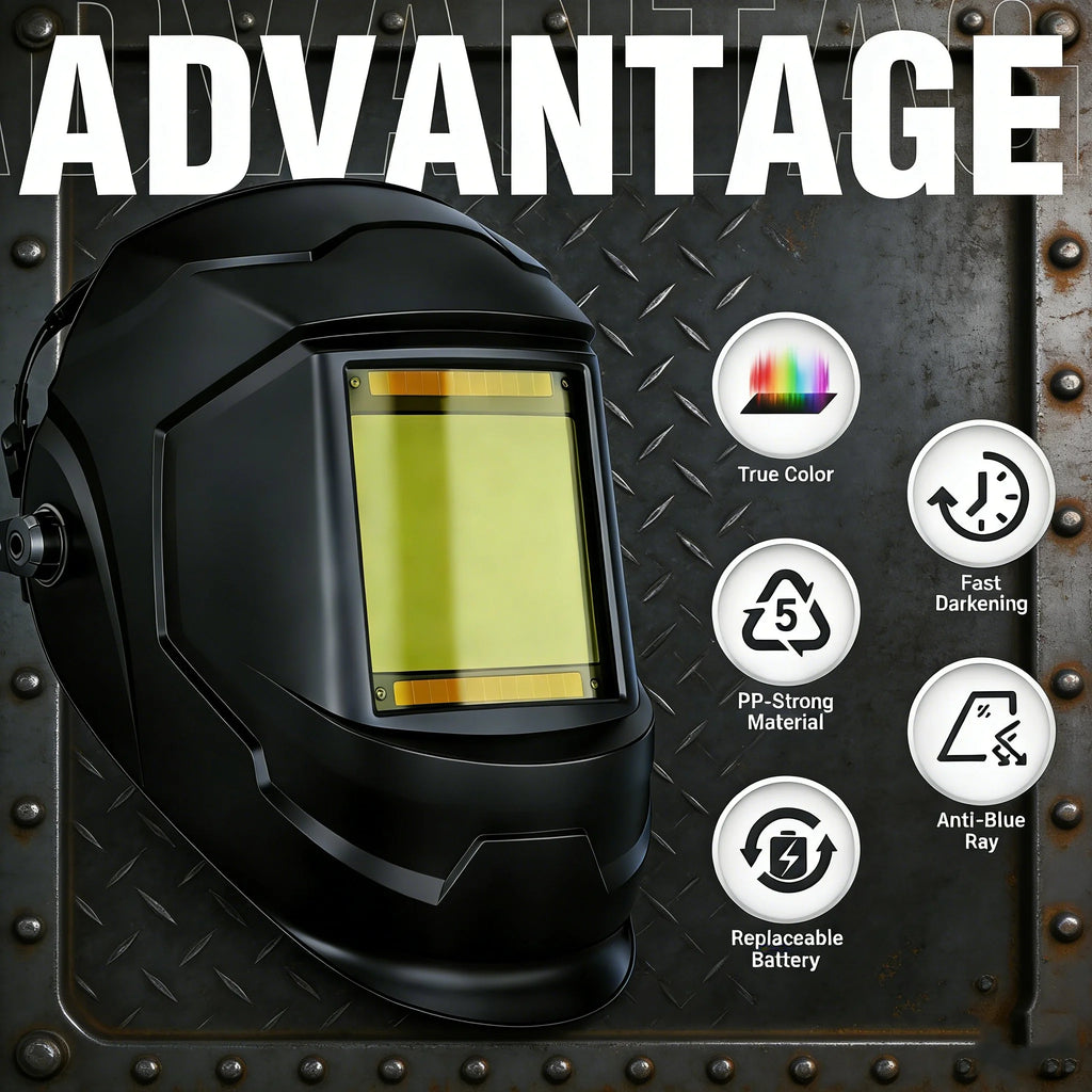 Large view 10 cm x 9.3 cm true color automatic darkening welding helmet with light, solar welding hood,4 arc sensors wide lampsh