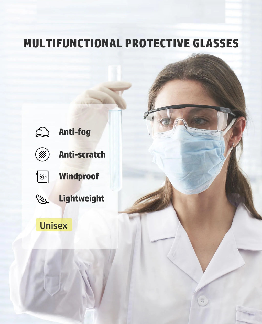 2 Pack Safety Glasses for Men and Women, Adjustable Lab Goggles, UV Protection ANSI Z87 Anti-fog Eyewear Clear Wraparound
