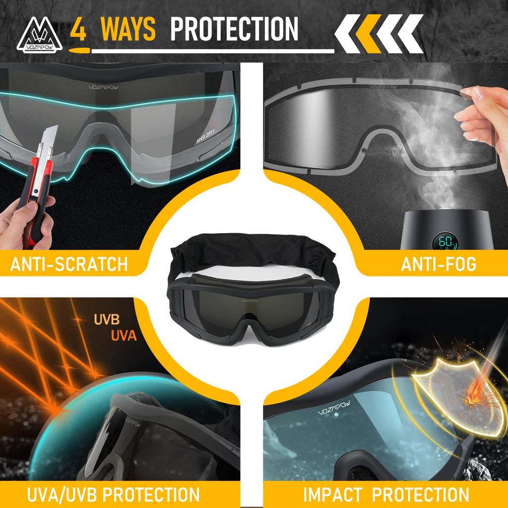 Vozapow Professional Shooting Goggles Anti Fog ANSI Z87.1 Safety Airsoft Tactical Glasses Motorcycle Mountaineering Sunglasses
