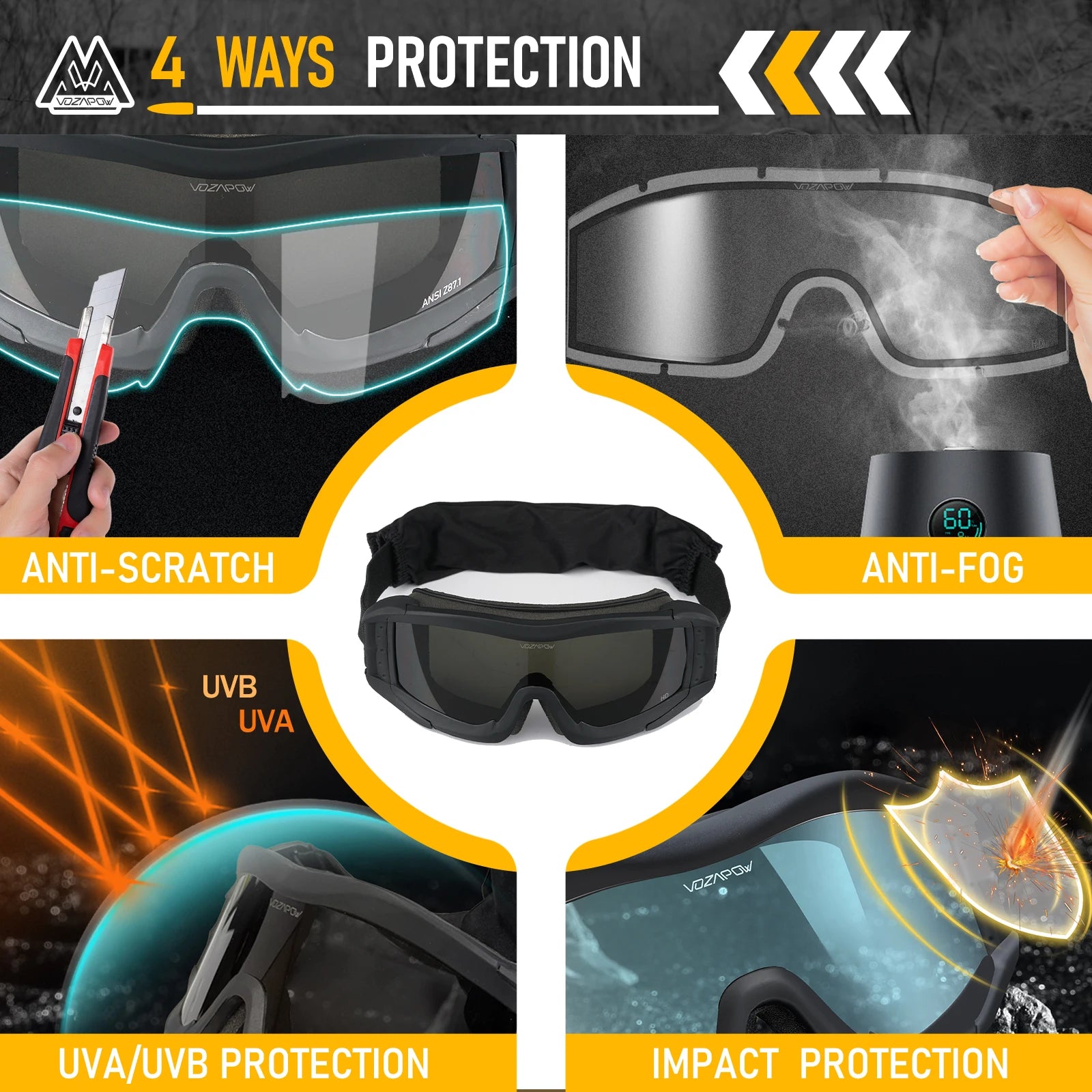 Vozapow Professional Shooting Goggles Anti Fog ANSI Z87.1 Safety Airsoft Tactical Glasses Motorcycle Mountaineering Sunglasses