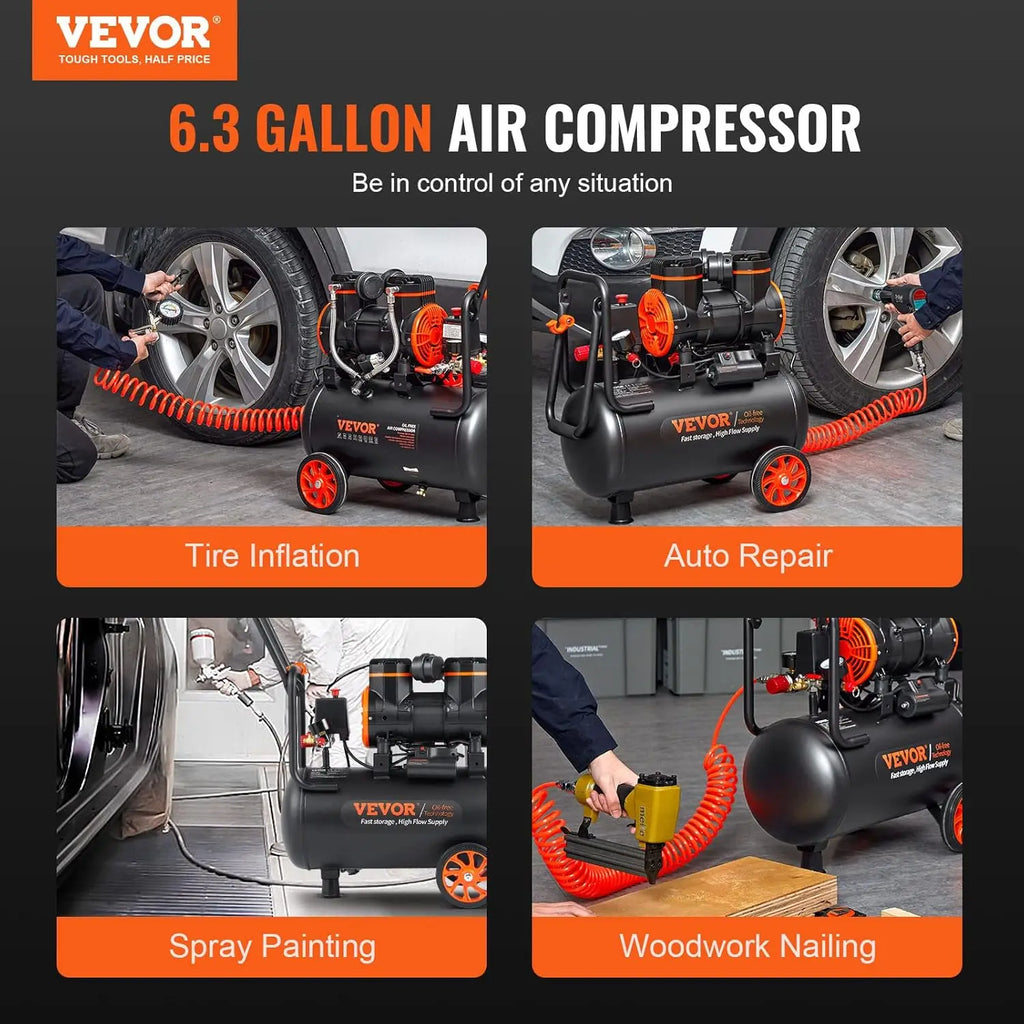 6.3 Gallon Air Compressor, 2 HP 3.35 CFM@90PSI, Max 116PSI Oil-Free Tank for Auto Repair, Tire Inflation, Spray Painting