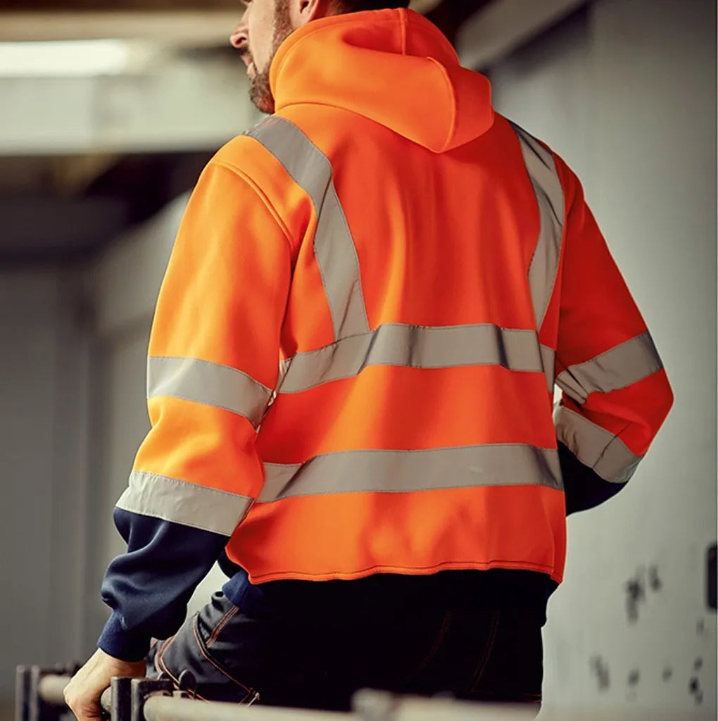 Reflective Strip Men Hoodie Coat Safe Warning Drawstring Zipper Long Sleeve Sanitation Overalls Outdoor Work Safety Jacket
