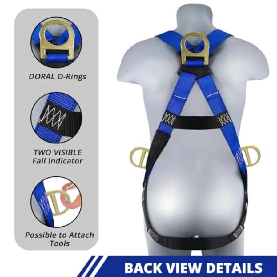 Safety Harness Fall Protection - Men Construction Full Body Harness Kit for Work with Shock Absorbing Lanyard Tongue Buckle ANS