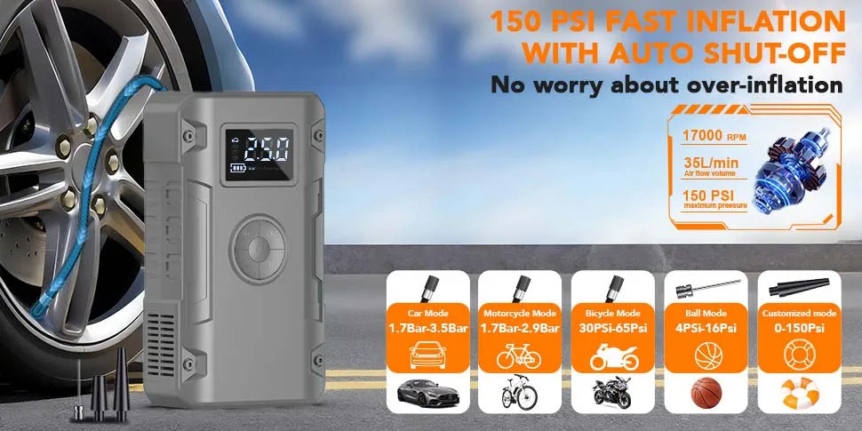 5-IN-1 Jump Starter 7000A,12V Car Battery Jump Starter with Air Compressor (Up to All Gas or 10.0L Diesel Engine)