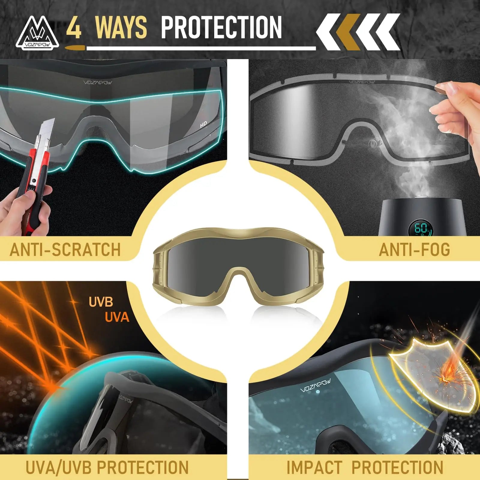 Vozapow Professional Shooting Goggles ANSI Z87.1 Safety Anti Fog Airsoft Tactical Glasses Motorcycle Mountaineering Sunglasses