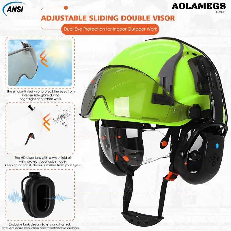 CE Safety Helmets W/ Built-in Goggles Visor Bluetooth Earmuffs ABS ANSI Engineer Industrial Hard Hat W/ Adjustable Vent Slots