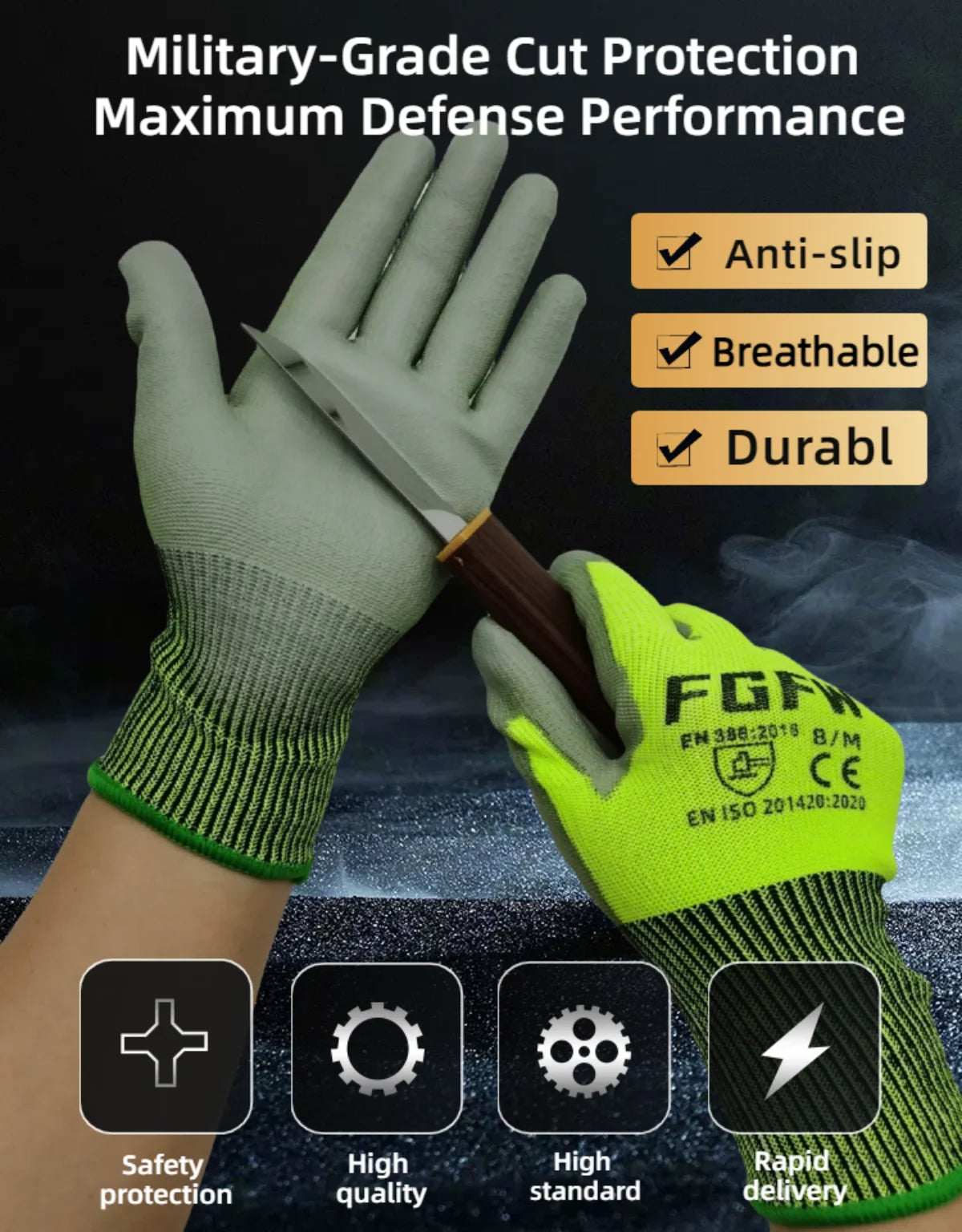 3 Pairs Military-Grade Level 5 Cut Resistant Gloves EN388/CE/ISO - HPPE Fiberglass, Anti-Slip Grip, Breathable for Industrial Sa