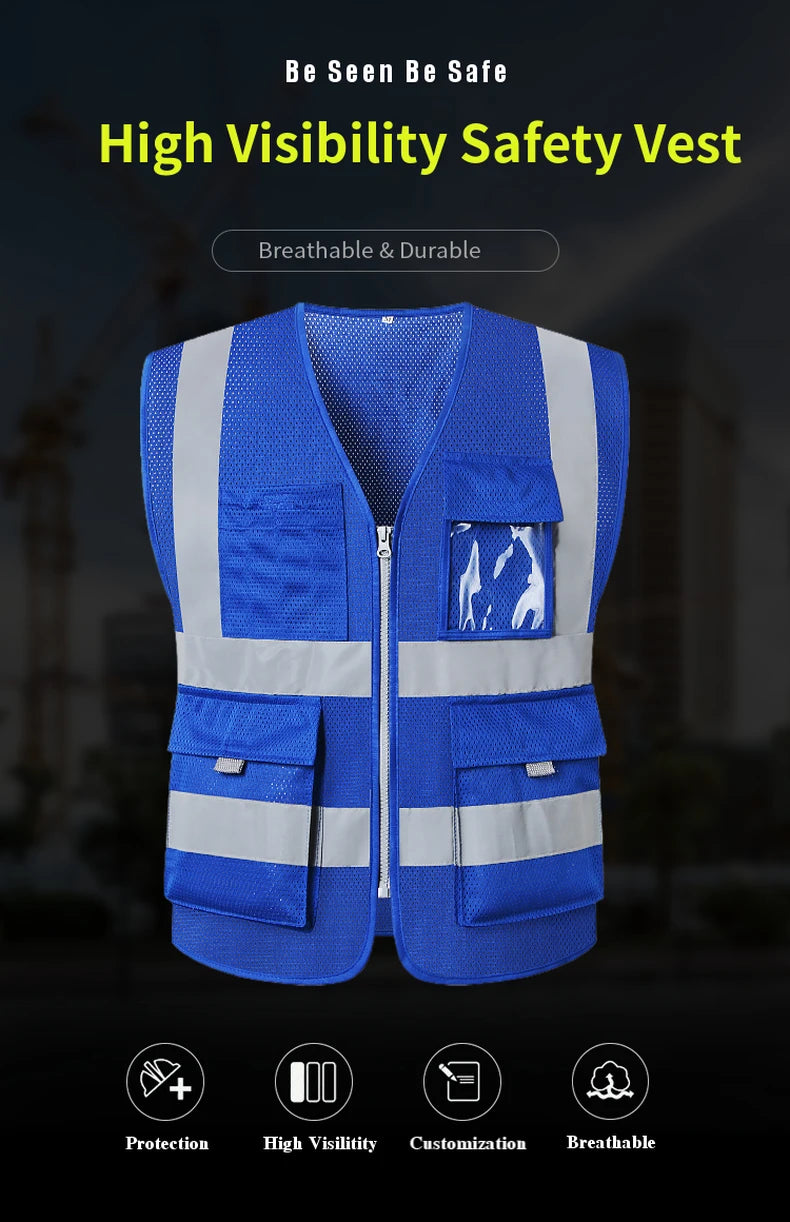 Blue Mesh Safety Vest With Pockets Breathable Summer Workwear Waistcoat for Contruction High Visibility Reflective Jacket