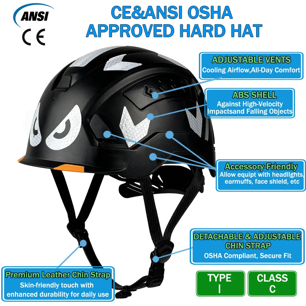 CE Construction Safety Helmet Reflective Stickers Breathable ABS Hard Hat for Engineer Industrial Work Cap Protective Guard ANSI