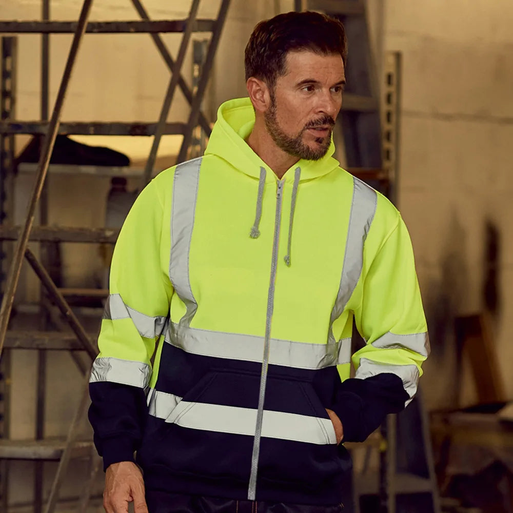 Reflective Strip Men Hoodie Coat Safe Warning Drawstring Zipper Long Sleeve Sanitation Overalls Outdoor Work Safety Jacket