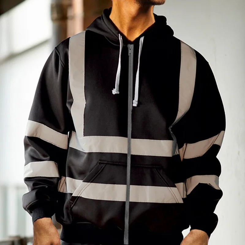 Reflective Strip Men Hoodie Coat Safe Warning Drawstring Zipper Long Sleeve Sanitation Overalls Outdoor Work Safety Jacket