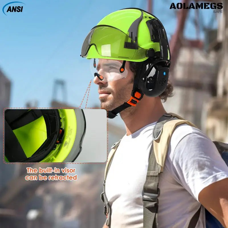 CE Safety Helmets W/ Built-in Goggles Visor Bluetooth Earmuffs ABS ANSI Engineer Industrial Hard Hat W/ Adjustable Vent Slots