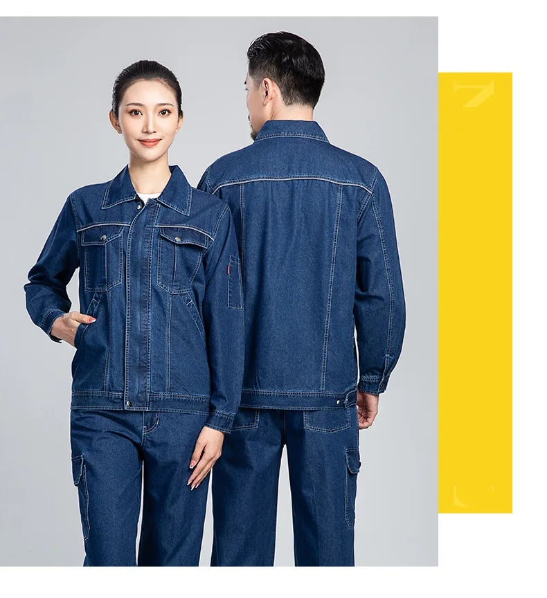 Summer Denim work clothes for men women Reflective stripe safety working Uniform Mechanic repairman worker Coverall welding Suit