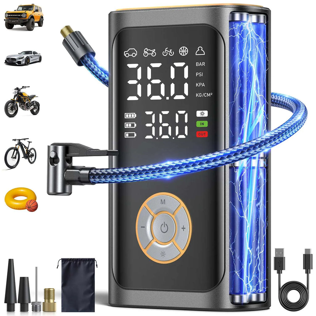 Portable Cordless Digital Air Compressor Pump - LED Display, Auto-Shutoff, For Cars, Bikes & Sports Balls.