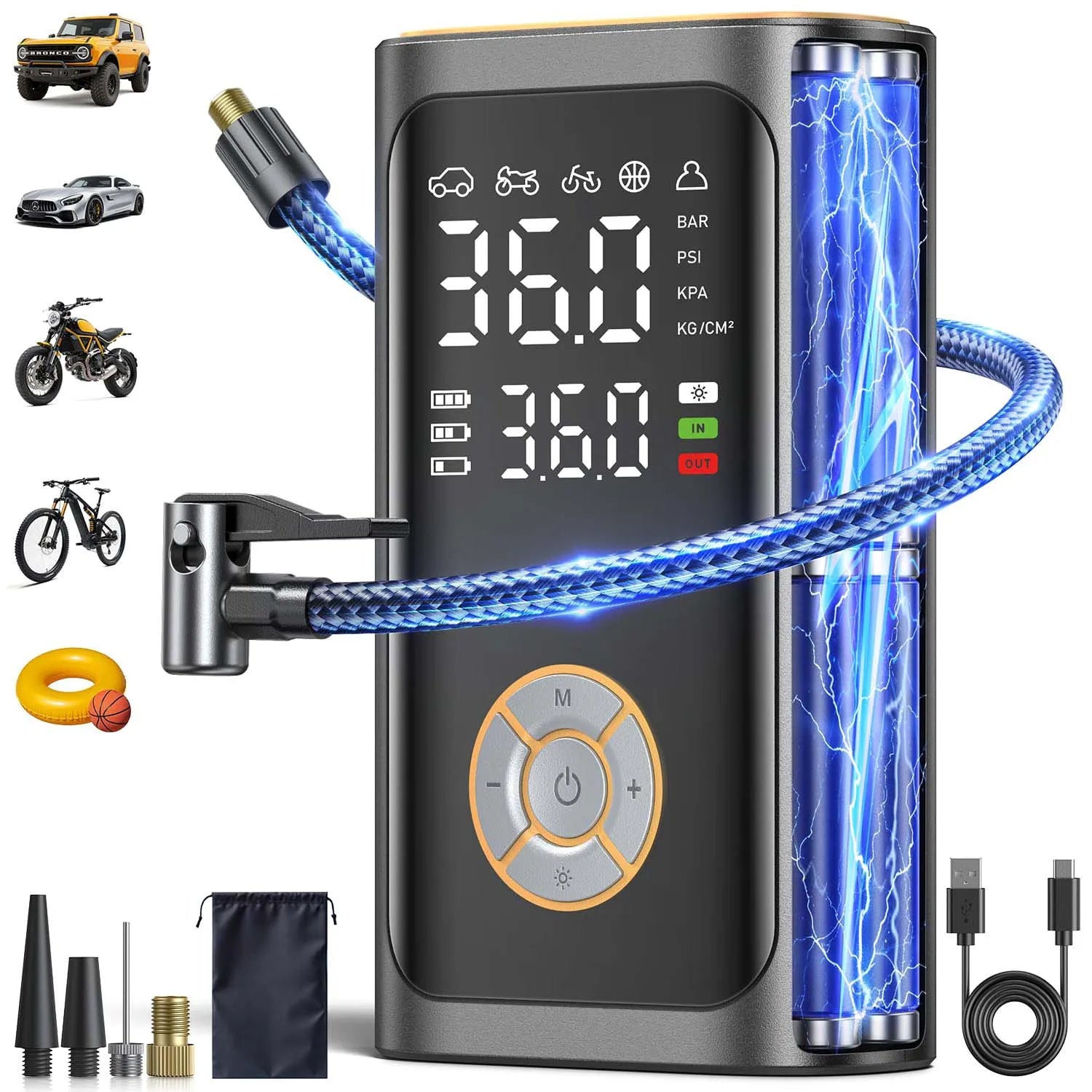 Portable Cordless Digital Air Compressor Pump - LED Display, Auto-Shutoff, For Cars, Bikes & Sports Balls.