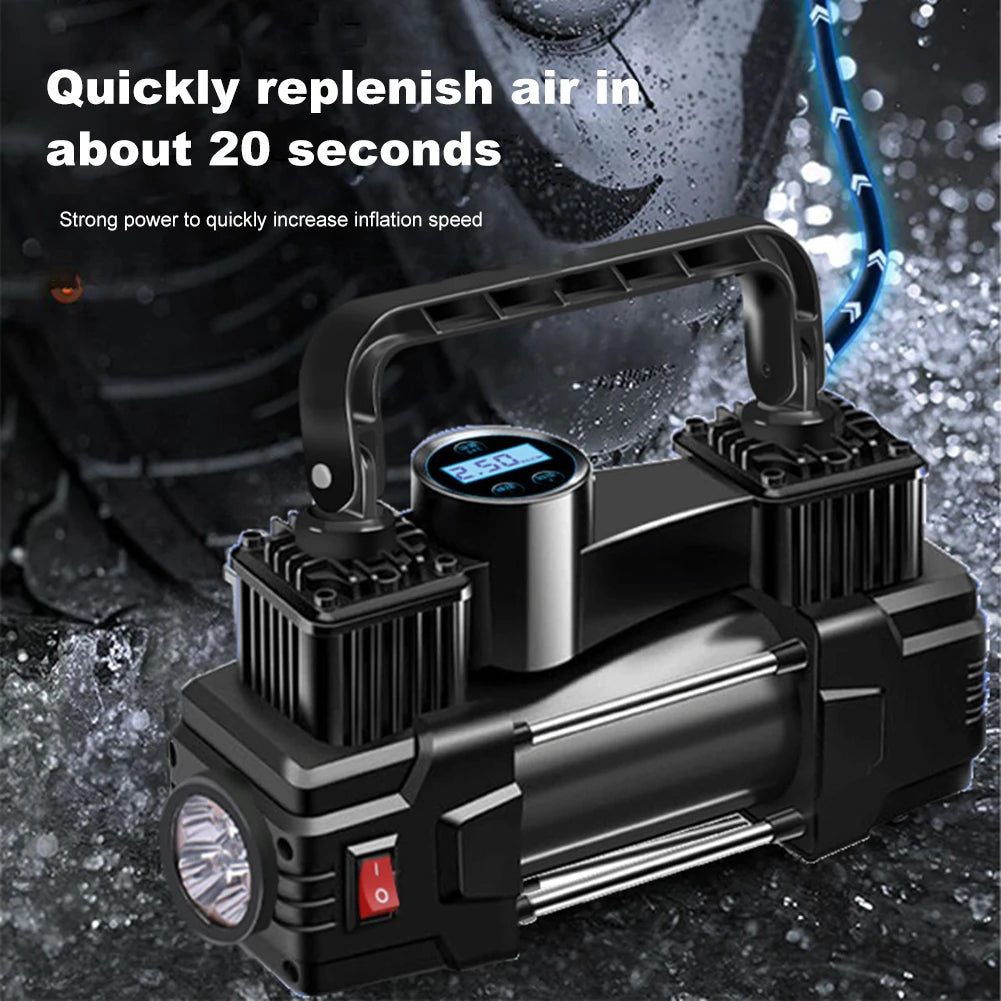 12V 150PSI Mini Air Compressor Dual Cylinder Auto Inflatable Pump with LED Light Heavy Duty Deluxe Portable Metal Air Compressor