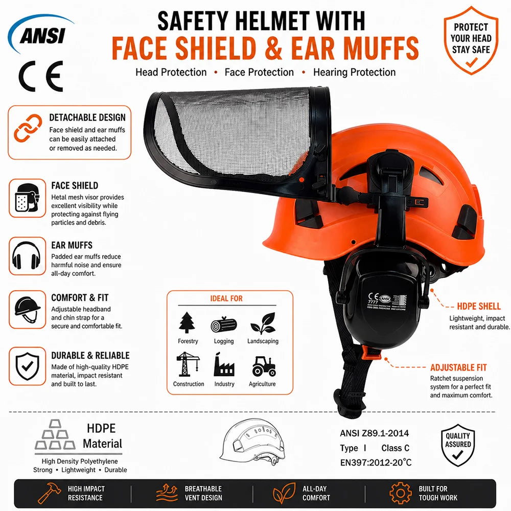 CE ANSI 3 in 1 Forestry Safety Helmet with Face Shield Earmuffs ABS Hard Hat for Logging Chainsaw Brushcutter Trimmer Work Cap
