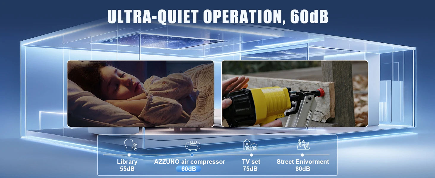 AZZUNO 500W Air Compressor Quiet Oil-free Portable Air Pump for Home Repair Tire Inflation Whisper Compressor
